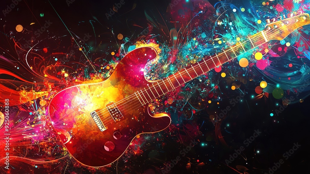Obraz premium Abstract music background with musical notes and Colorful guitar,Musical Fusion background