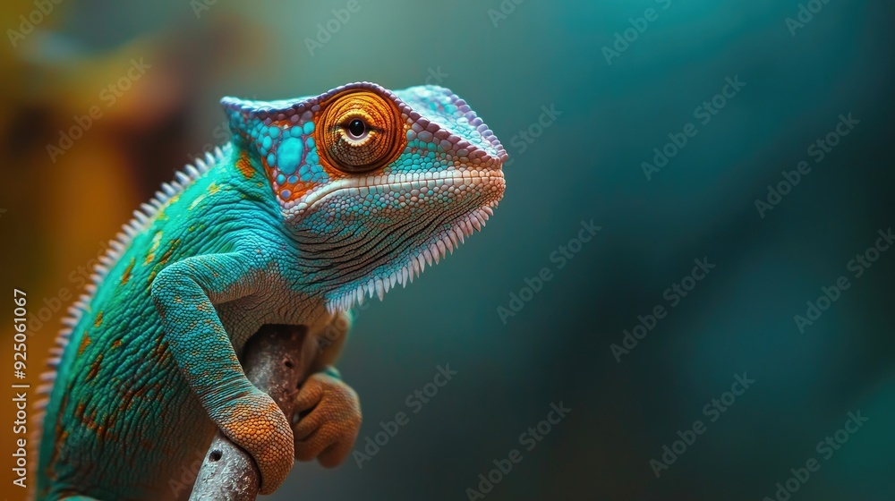 Obraz premium Close-up of a chameleon with its eyes moving independently, perched on a branch, showcasing its unique camouflage abilities.
