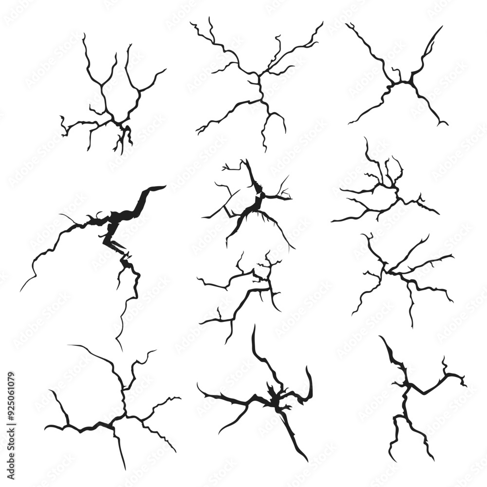 Cracks silhouettes. cracked screen glass damaged surface and egg surface black crack set. Vector Cracks silhouettes. cracked screen glass damaged surface and egg surface black crack set. Vector