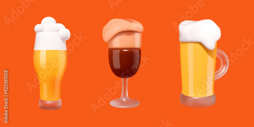 Set of 3D glasses of beer with foam