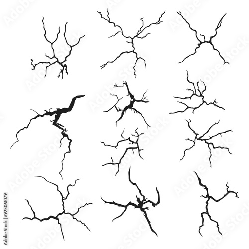 Cracks silhouettes. cracked screen glass  damaged surface and egg surface black crack set. Vector 