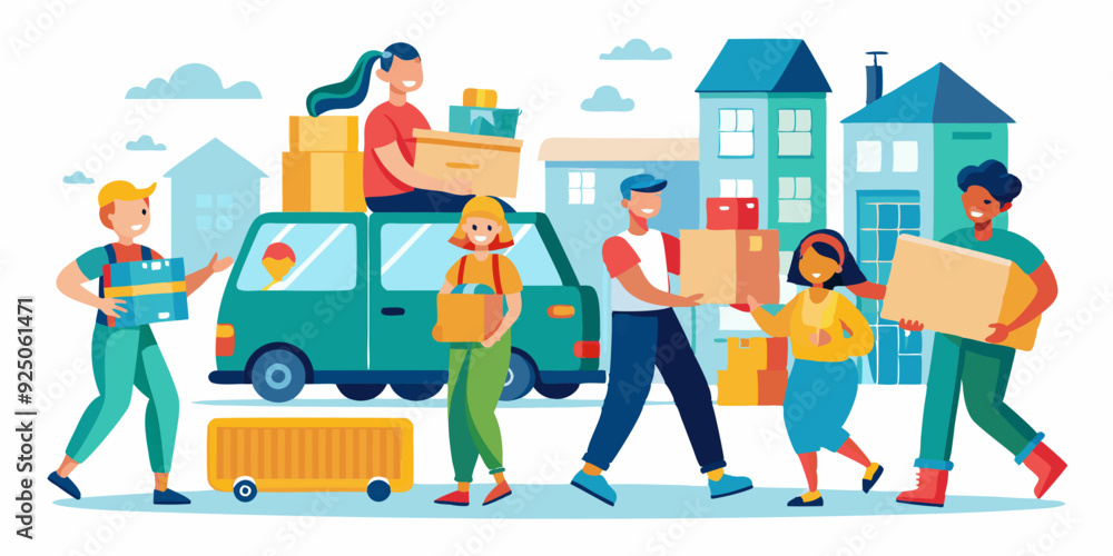 Obraz premium Movers and delivery workers carrying boxes and furniture. Moving house, people packing things into boxes 