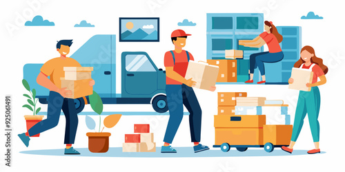 Movers and delivery workers carrying boxes and furniture. Moving house, people packing things into boxes
