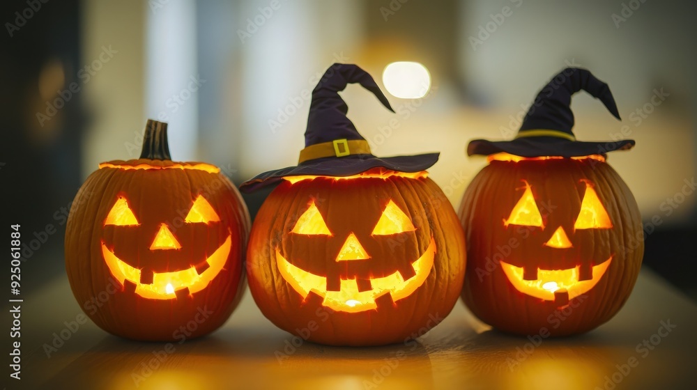 Three glowing Halloween pumpkins wear witch hats, showcasing cheerful expressions and a festive atmosphere. Three glowing Halloween pumpkins wear witch hats, showcasing cheerful expressions and a festive atmosphere.