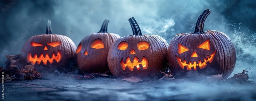 Spooky Halloween pumpkins glowing in the fog, creating an eerie atmosphere for festive celebrations and themed events. Spooky Halloween pumpkins glowing in the fog, creating an eerie atmosphere for festive celebrations and themed events.