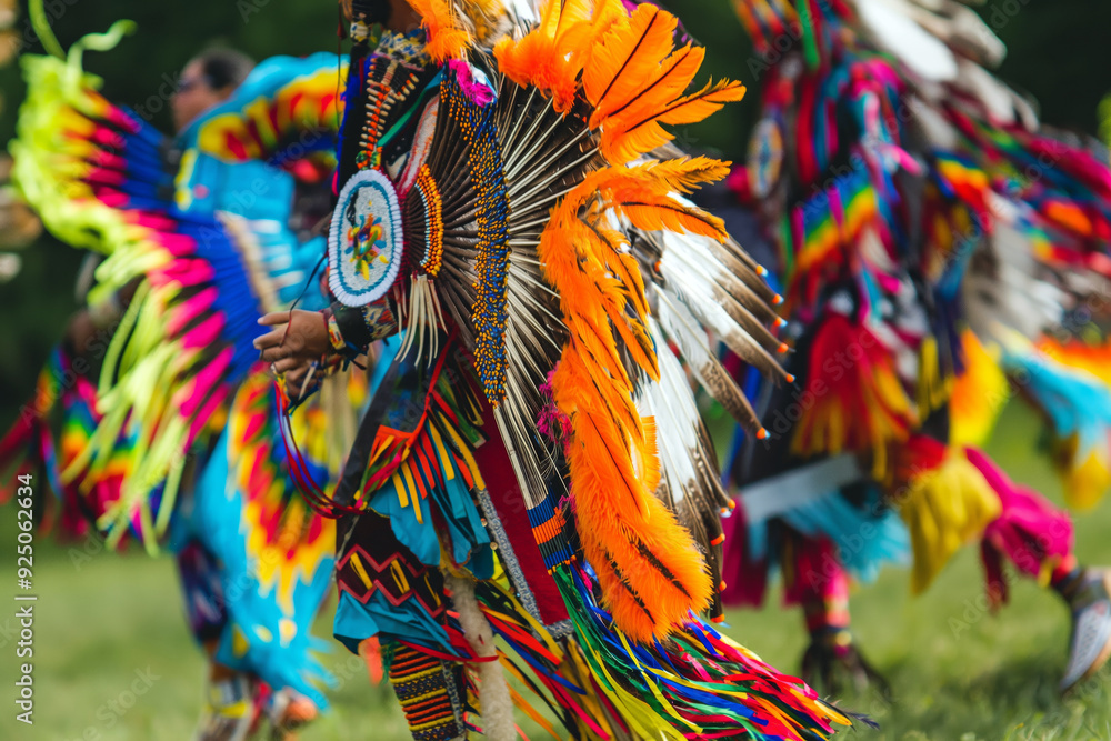 Traditional Native American powwow with dancers in colorful regalia ...