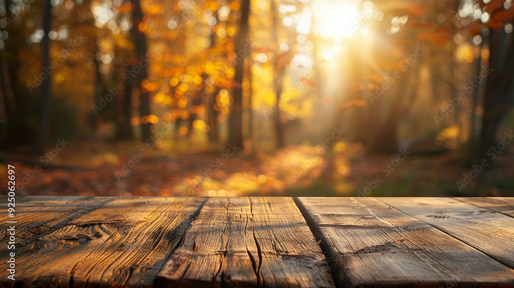 Wooden table in a forest in autumn. Beautiful seasonal atmosphere in october / november. Sunlight shining onto the orange and brown leaves. Wooden table in a forest in autumn. Beautiful seasonal atmosphere in october / november. Sunlight shining onto the orange and brown leaves.