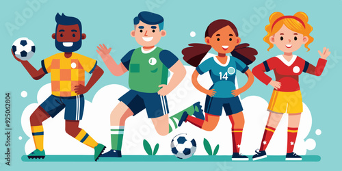 Set of soccer player characters. Men and women in sportswear playing football on an isolated background
