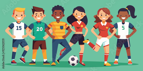 Set of soccer player characters. Men and women in sportswear playing football on an isolated background
