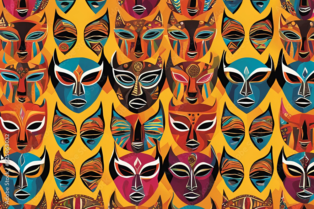 A vibrant pattern of African tribal masks with geometric shapes and bold colors. A vibrant pattern of African tribal masks with geometric shapes and bold colors.