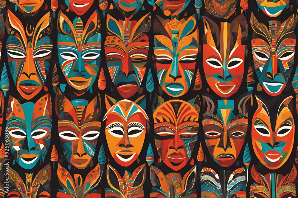 A vibrant pattern of African tribal masks with geometric shapes and bold colors.