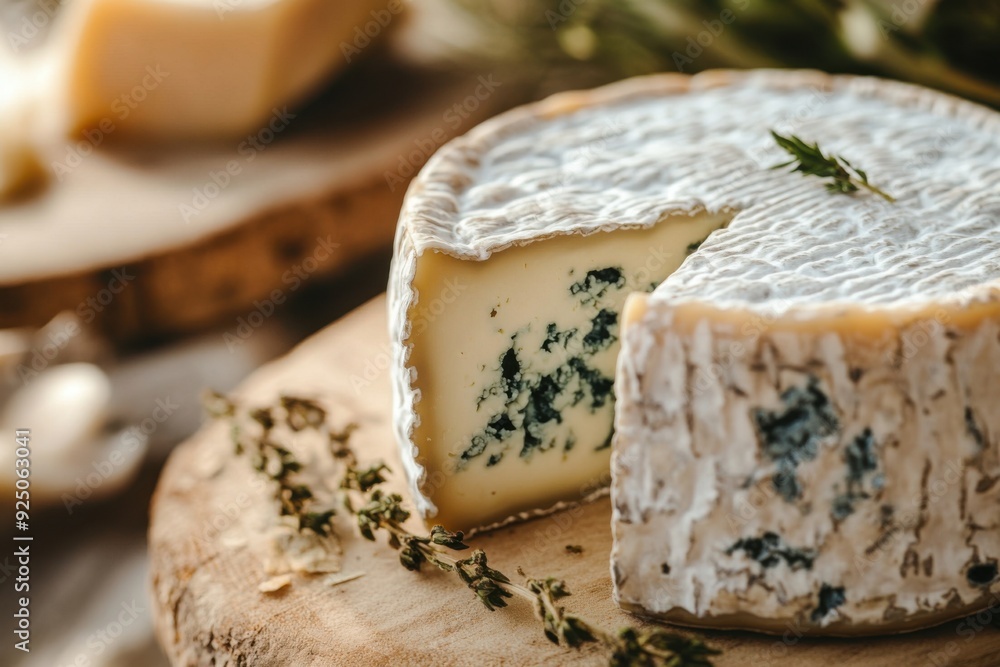 Charming wheel of blue cheese on a wooden board with herbs Charming wheel of blue cheese on a wooden board with herbs