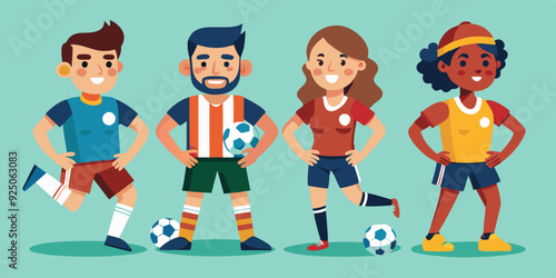 Set of soccer player characters. Men and women in sportswear playing football on an isolated background
