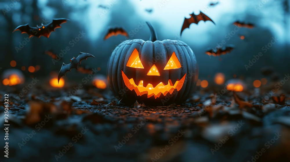 Close-up of a glowing carved pumpkin with a Jack-o'-lantern face and bats flying around in a dark, eerie forest setting. Close-up of a glowing carved pumpkin with a Jack-o'-lantern face and bats flying around in a dark, eerie forest setting.