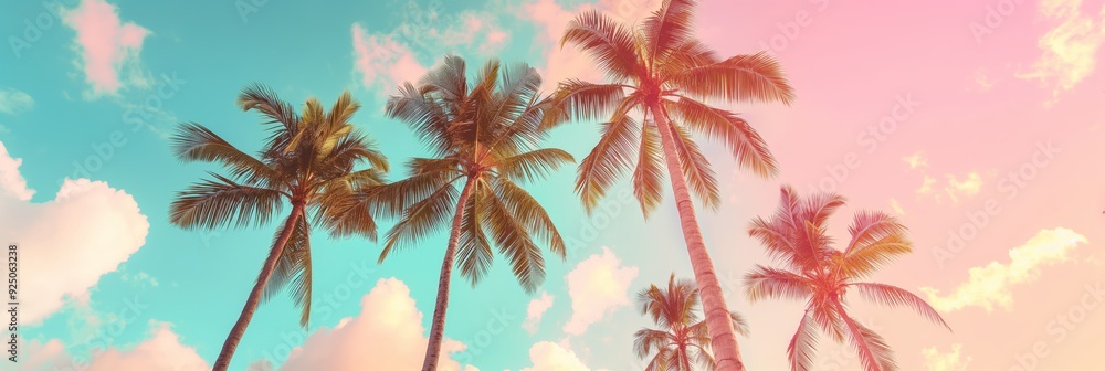 A picturesque scene featuring tall palm trees silhouetted against a beautifully vibrant blue and pink sky, capturing a tropical paradise essence. A picturesque scene featuring tall palm trees silhouetted against a beautifully vibrant blue and pink sky, capturing a tropical paradise essence.