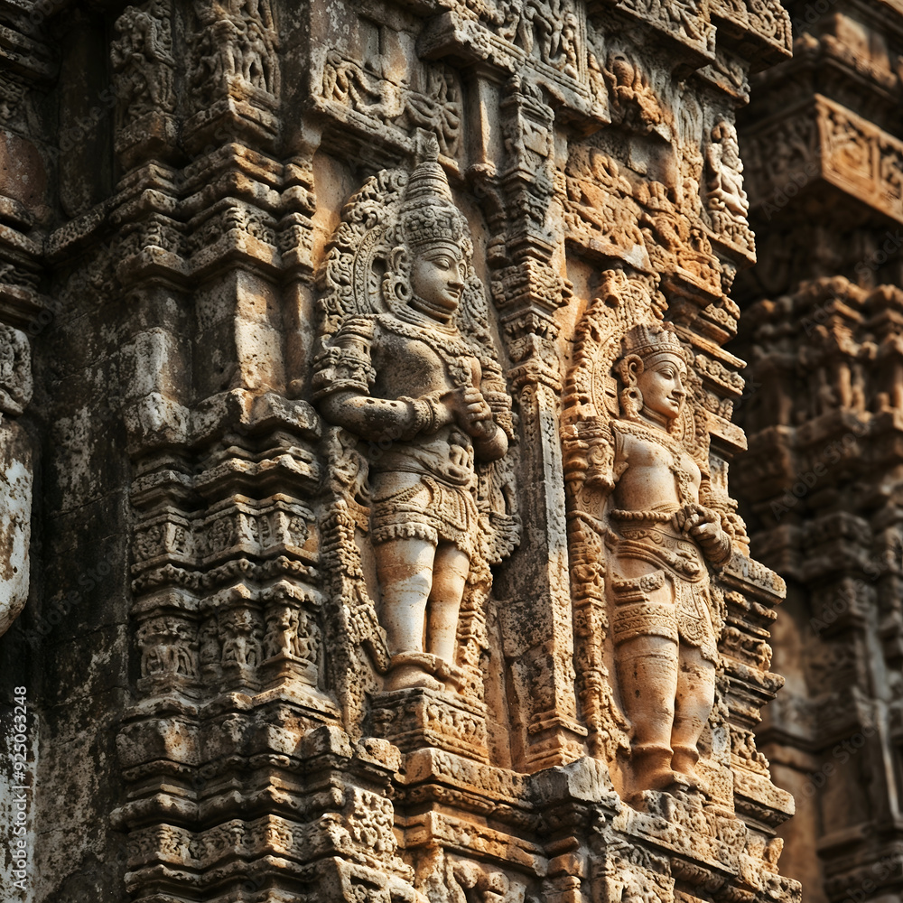 Ancient Stone Carvings on Temple Wall, detailed and historic Ancient Stone Carvings on Temple Wall, detailed and historic