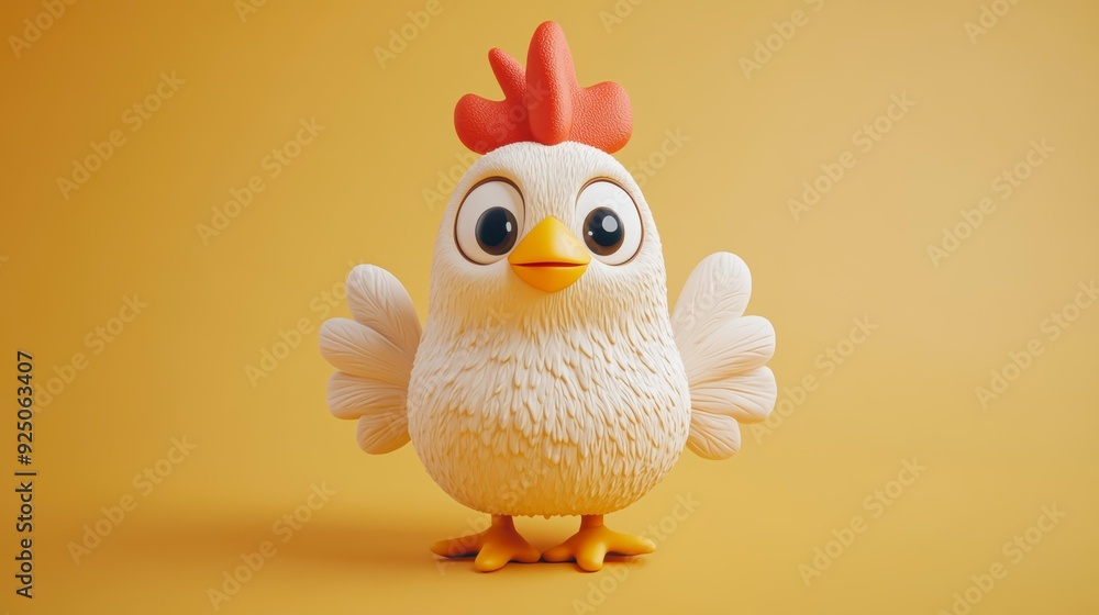 A cute 3D-animated cartoon chicken with wide eyes and a fluffy appearance stands against a vibrant yellow background, Ideal for children's content, educational materials, or playful advertisements, A cute 3D-animated cartoon chicken with wide eyes and a fluffy appearance stands against a vibrant yellow background, Ideal for children's content, educational materials, or playful advertisements,