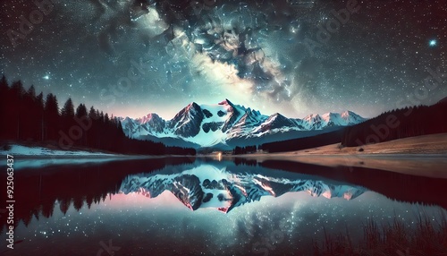 Fototapeta Naklejka Na Ścianę i Meble -  A snow-capped mountain reflected perfectly in a calm lake