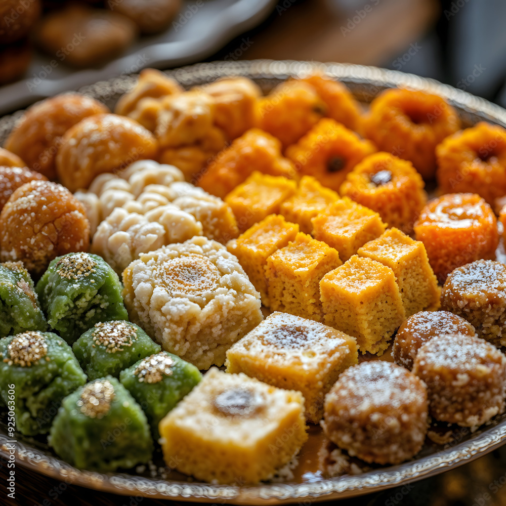 Diwali candies on traditional platter, festive table with decorations, warm light, cozy joyful setting Diwali candies on traditional platter, festive table with decorations, warm light, cozy joyful setting