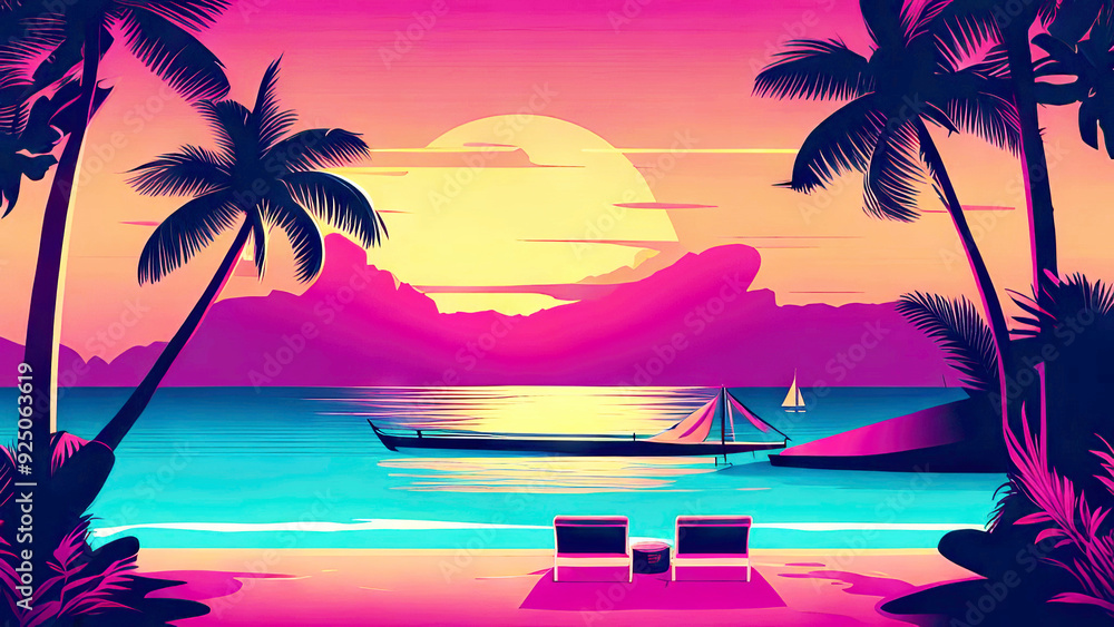 Obraz premium Vibrant sunset over a tropical beach with palm trees, hammocks, and lounge chairs. Ocean view vacations in neon colors