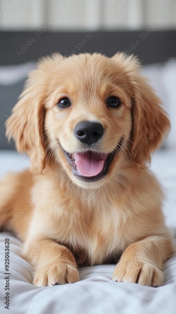 A joyful golden retriever puppy with fluffy fur and a happy expression lies on a bed, perfect for pet care promotions, advertising pet products, or social media posts about dogs, A joyful golden retriever puppy with fluffy fur and a happy expression lies on a bed, perfect for pet care promotions, advertising pet products, or social media posts about dogs,
