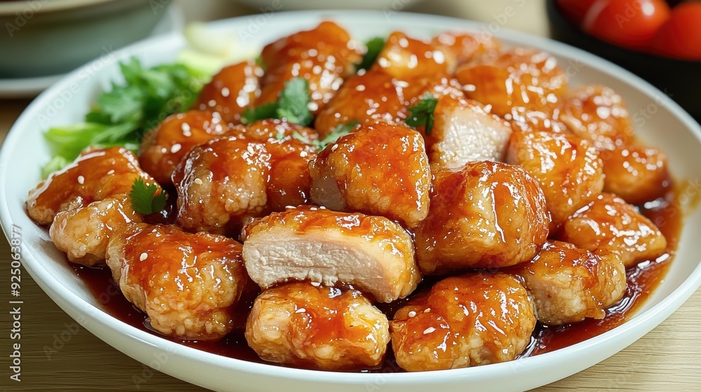 A plate of sweet and sour chicken garnished with fresh herbs, ideal for promoting food blogs, restaurants, and culinary websites showcasing Asian cuisine and appetizing dishes, A plate of sweet and sour chicken garnished with fresh herbs, ideal for promoting food blogs, restaurants, and culinary websites showcasing Asian cuisine and appetizing dishes,