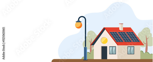 house with solar panels. web banner. sustainability concept