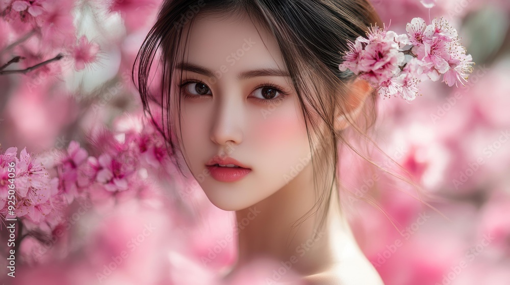 A young woman with delicate features and pink blush is surrounded by vibrant cherry blossoms, creating a tranquil and romantic atmosphere ideal for use in beauty, fashion, and lifestyle projects A young woman with delicate features and pink blush is surrounded by vibrant cherry blossoms, creating a tranquil and romantic atmosphere ideal for use in beauty, fashion, and lifestyle projects