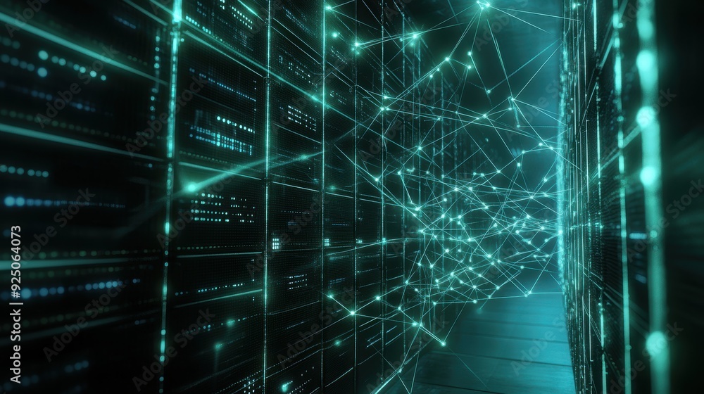 Futuristic Digital Network Connections in Advanced Data Center Setting Futuristic Digital Network Connections in Advanced Data Center Setting