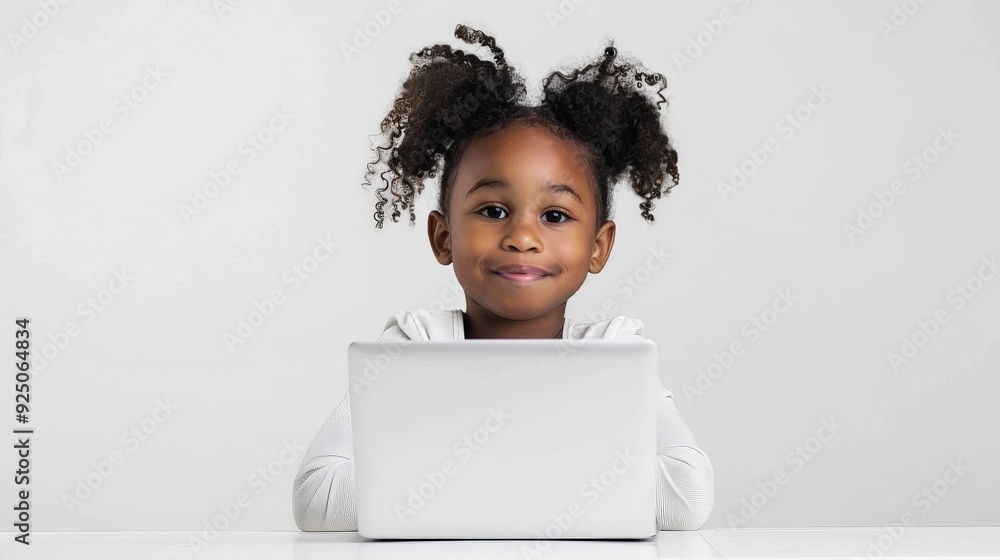 Young African American girl with curly hair in white top using laptop in minimalist studio setting. Girl smiling seated at desk. Pure white backdrop joy, simplicity, modern digital interaction.