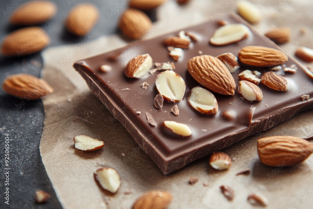 Close-up of creamy milk chocolate topped with whole almonds on a textured surface Close-up of creamy milk chocolate topped with whole almonds on a textured surface