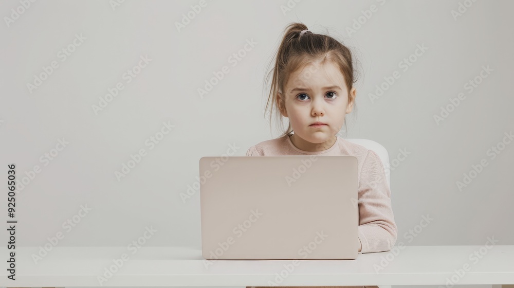 Little girl sitting at a desk using a laptop in a minimalist studio setting with a pure white backdrop, girl looks focused and engaged, modern technology use among children. Little girl sitting at a desk using a laptop in a minimalist studio setting with a pure white backdrop, girl looks focused and engaged, modern technology use among children.