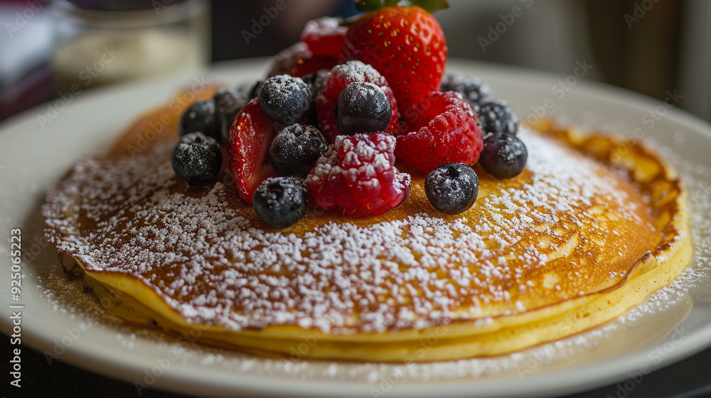 a Dutch-style pancake, golden and fluffy, topped with powdered sugar and fresh fruit. a Dutch-style pancake, golden and fluffy, topped with powdered sugar and fresh fruit.