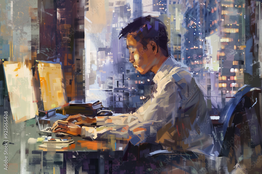Focused date analyst working late hours on computer in office with cityscape background. Concepts of dedication, work-life balance, and productivity in urban environment. Focused date analyst working late hours on computer in office with cityscape background. Concepts of dedication, work-life balance, and productivity in urban environment.