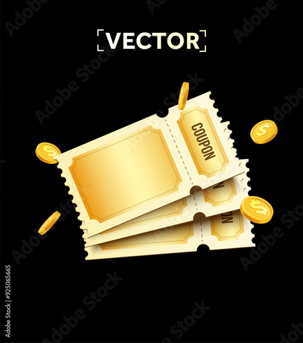 3d stack of blank golden coupons template with coupon code with golden coins, isolated on dark background. Simple voucher template for discount event. 3d vector illustration. Vector illustration