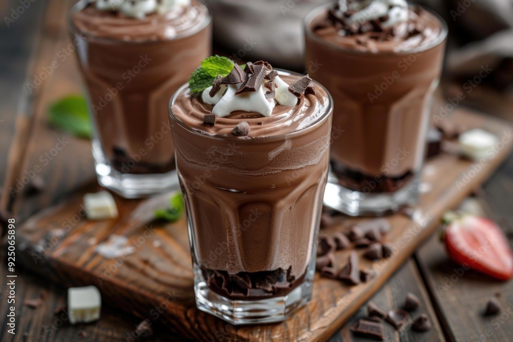 Chocolate mousse topped with whipped cream, chocolate shavings, and a mint sprig, served on a wooden board Chocolate mousse topped with whipped cream, chocolate shavings, and a mint sprig, served on a wooden board