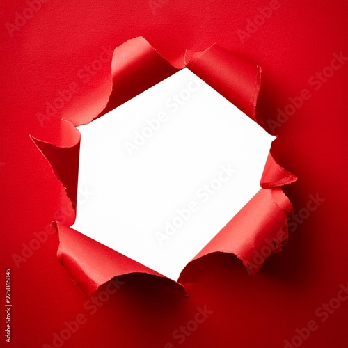 Hole in red paper on color background