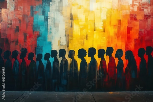 diverse unity mural colorful crowd scene various ethnicities and ages stylized flat design overlapping silhouettes creating dynamic composition urban backdrop photo