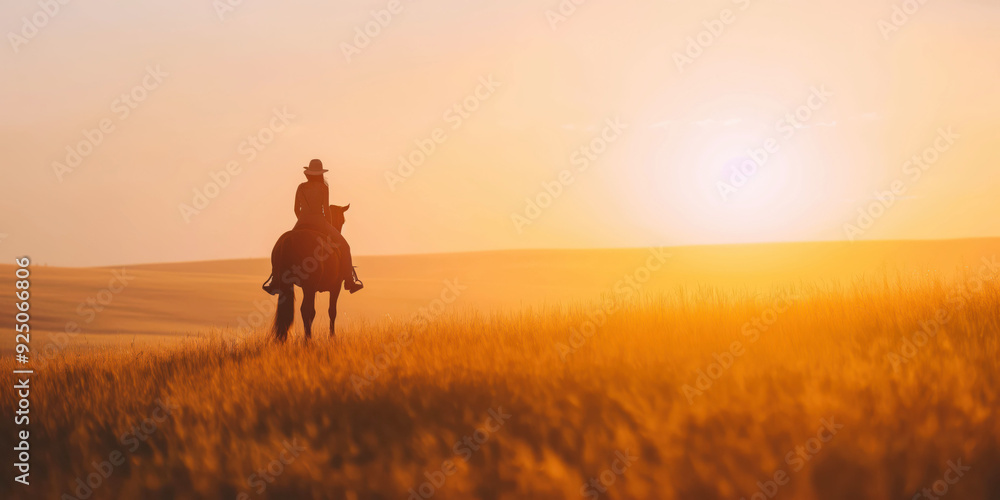 Sunset Cowboy Riding Horse in Golden Field - Tranquil Countryside Scene Sunset Cowboy Riding Horse in Golden Field - Tranquil Countryside Scene