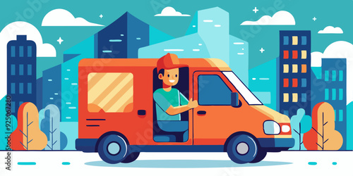 Delivery service. A male driver in uniform rides in a van against the backdrop of the city. Carrier
