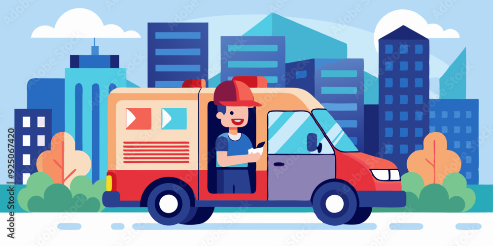 Delivery service. A male driver in uniform rides in a van against the backdrop of the city. Carrier
Delivery service. A male driver in uniform rides in a van against the backdrop of the city. Carrier
