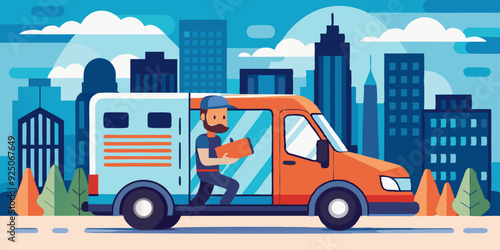 Delivery service. A male driver in uniform rides in a van against the backdrop of the city. Carrier
