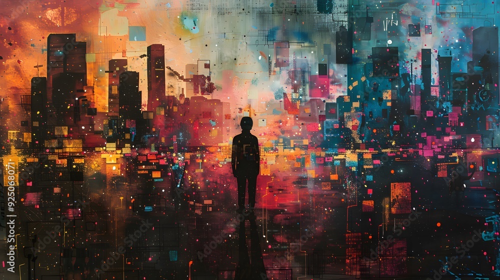 Silhouette of a person in front of a cityscape abstract painting. Silhouette of a person in front of a cityscape abstract painting.