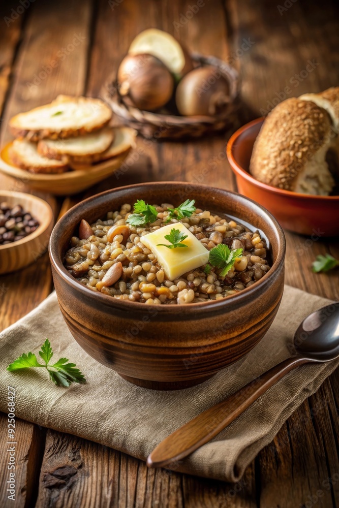 Sopa de lentejas con mantequilla y perejil fresco, servida en un tazón de barro con pan rústico en un entorno cálido. Sopa de lentejas con mantequilla y perejil fresco, servida en un tazón de barro con pan rústico en un entorno cálido.