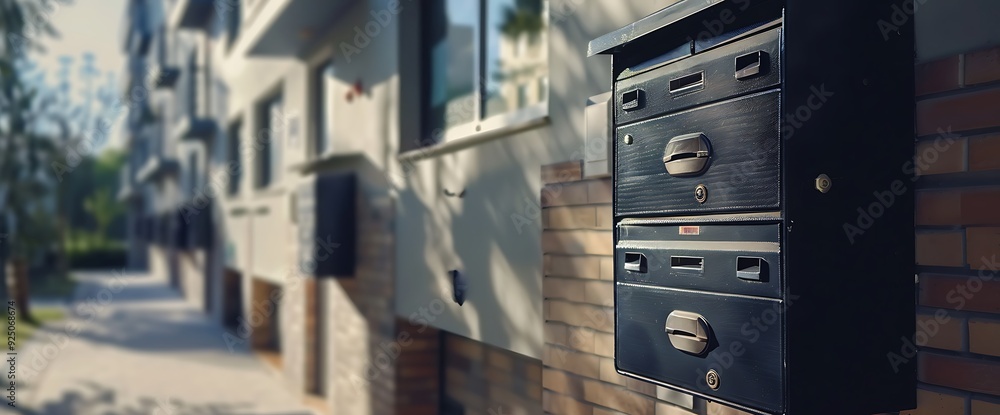 Obraz premium A black mailbox with three compartments is mounted on the side of a brick building.