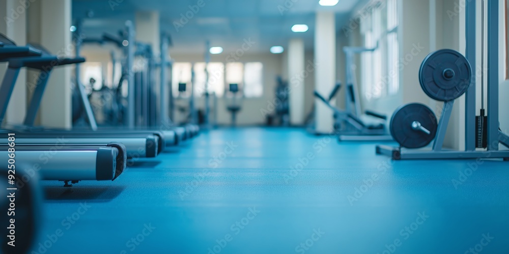 Fototapeta premium A spacious gym with blue flooring, featuring a variety of exercise equipment like treadmills, weights, and machines.