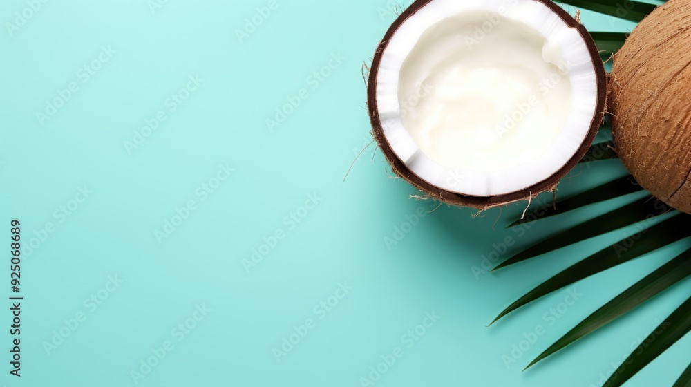 A single coconut with fresh coconut milk inside, sitting on a tropical leaf. The coconut and the greenery suggest a refreshing summer treat. A single coconut with fresh coconut milk inside, sitting on a tropical leaf. The coconut and the greenery suggest a refreshing summer treat.