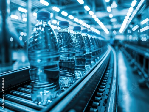 Water bottles on assembly line in factory.