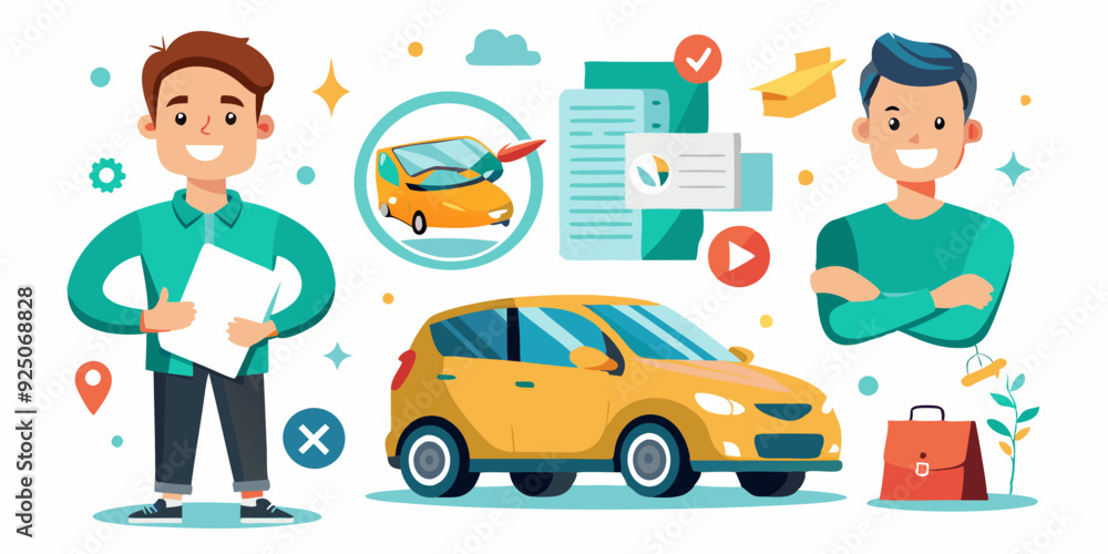 Happy man with a car on a white background in different views. The guy buys, rents, and drives a city hatchback. Insurance and maintenance
Happy man with a car on a white background in different views. The guy buys, rents, and drives a city hatchback. Insurance and maintenance