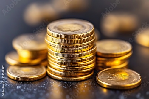 Wallpaper Mural Stacks of shiny gold coins neatly arranged on a dark, reflective surface creating a sense of wealth and prosperity. Torontodigital.ca
